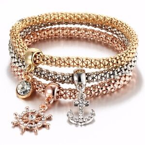 3 PCS Anchor & Wheel Crystal MultiToned Bracelets